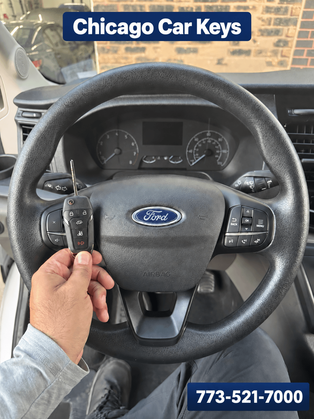Chicago Car Keys technician holding a newly created key inside a 2025 Ford Transit in Chicago