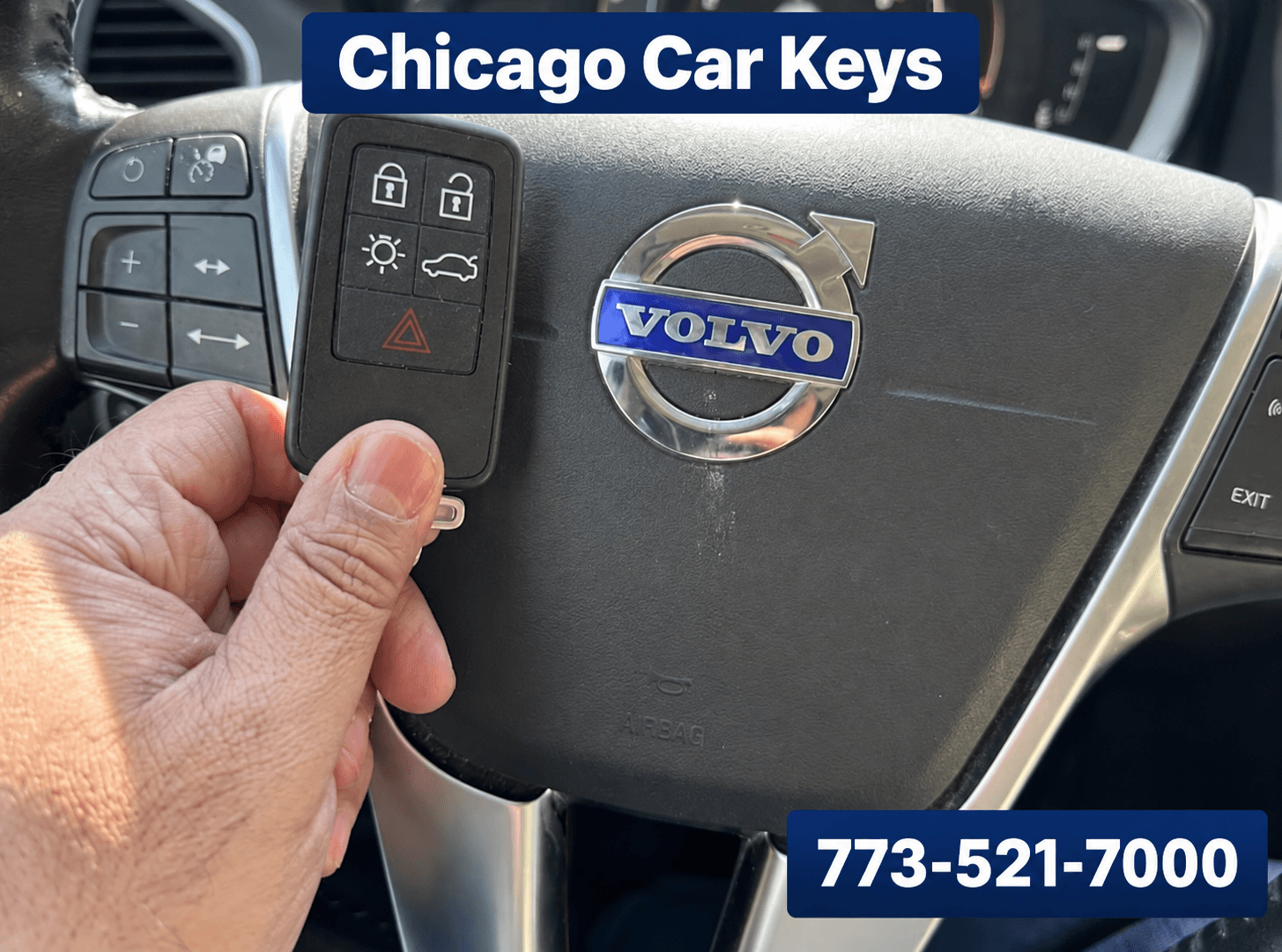 Chicago Car Keys technician holding a replacement Volvo push-to-start key inside a Volvo in Chicago