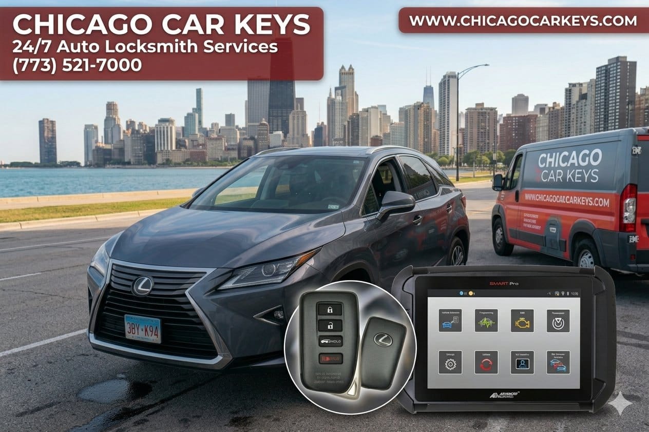 Lexus SUV, smart key fobs and key programming equipment beside a Chicago Car Keys van near the Chicago skyline.