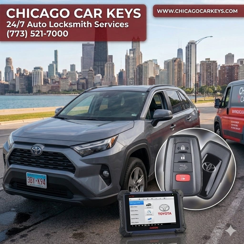 Toyota RAV4, smart key fobs and key programming equipment beside a Chicago Car Keys van near the Chicago skyline.