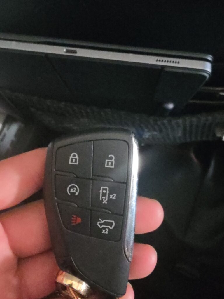 Hummer proximity key held inside the vehicle during a 2023 Hummer lost-key job in Lyons, Illinois.