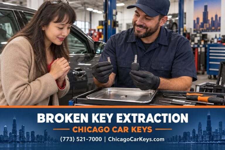 Male locksmith showing a removed broken key fragment and a replacement key to a female customer.