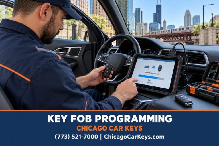 Male locksmith programming a car key fob with a diagnostic tablet inside a vehicle.