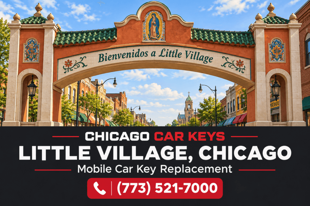 Illustration of the Little Village arch with Chicago Car Keys branding, mobile car key replacement, and phone number (773) 521-7000