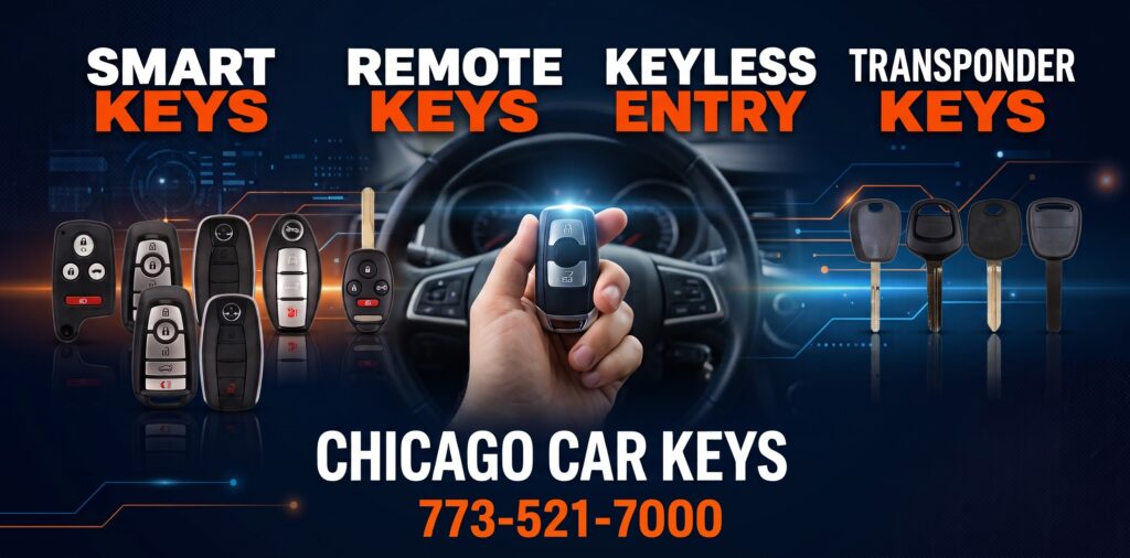 Chicago Car Keys smart keys, remote keys, keyless entry and transponder keys. Call 773-521-7000.