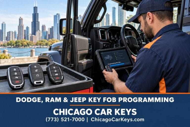 Male locksmith using a diagnostic tablet beside a Jeep-style vehicle and three automotive key fobs.