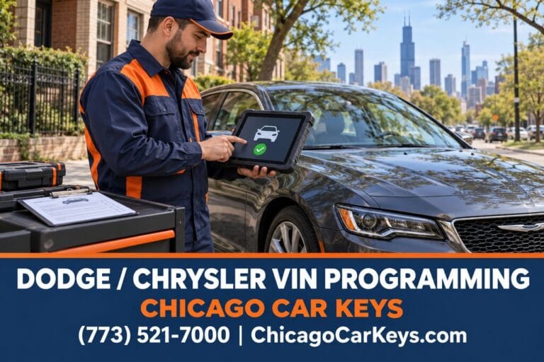 Male automotive technician holding a diagnostic tablet beside a Chrysler-style sedan in Chicago.