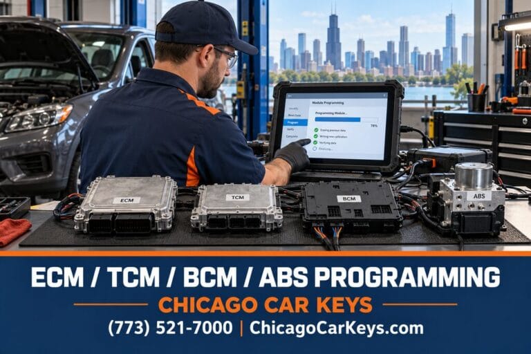 Male technician using a diagnostic tablet beside ECM, TCM, BCM and ABS automotive modules.