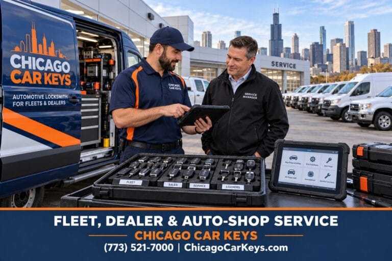 Male locksmith and service manager reviewing a tablet beside a key tray, service van and fleet vehicles.