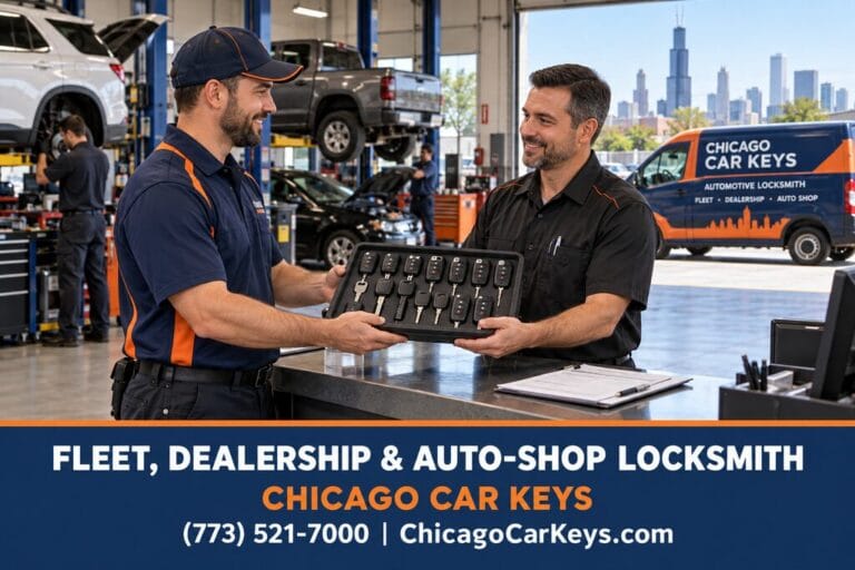 Male mobile locksmith handing an organized tray of car keys to an auto-shop service manager.