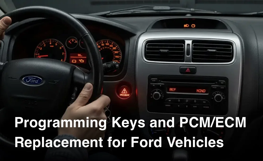 Ford dashboard with text promoting key programming and PCM/ECM replacement.