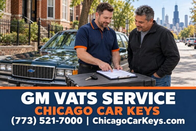 Male automotive locksmith reviewing a service report with a vehicle owner beside a classic GM sedan.