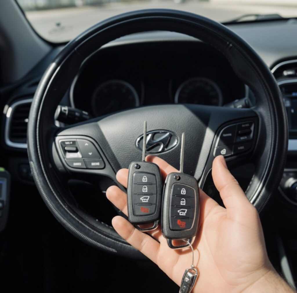 Two Hyundai flip keys held in front of a Hyundai steering wheel