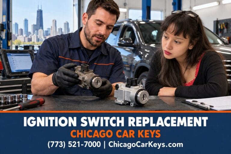 Male locksmith explaining an ignition assembly replacement to a woman beside an old and new assembly.