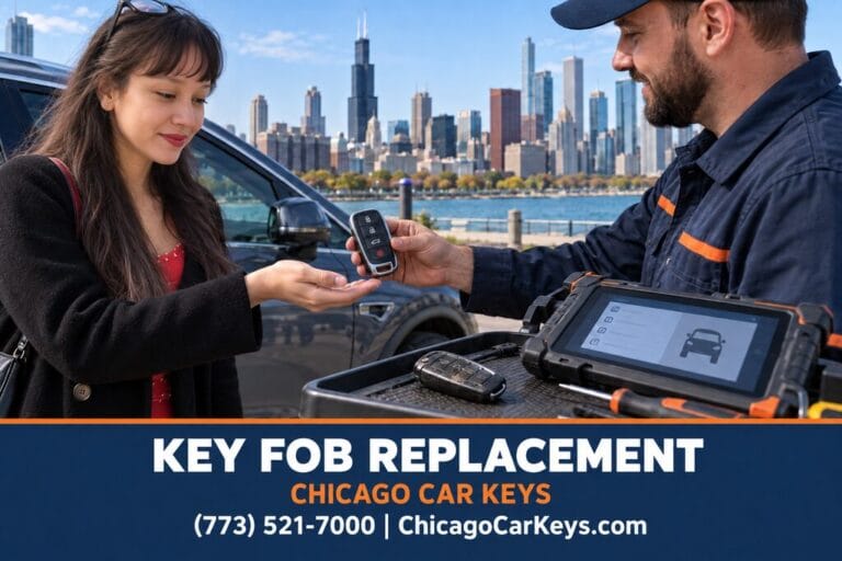 Male locksmith handing a replacement car key fob to a woman beside her vehicle in Chicago.