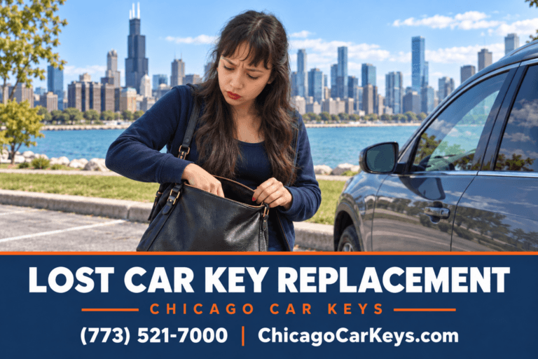 Concerned woman searching her handbag for lost car keys beside a parked vehicle, with the Chicago skyline behind her.