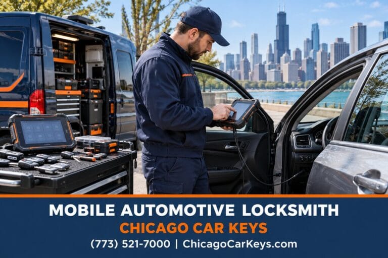 Male mobile locksmith using a diagnostic tablet beside a car and service van in Chicago.