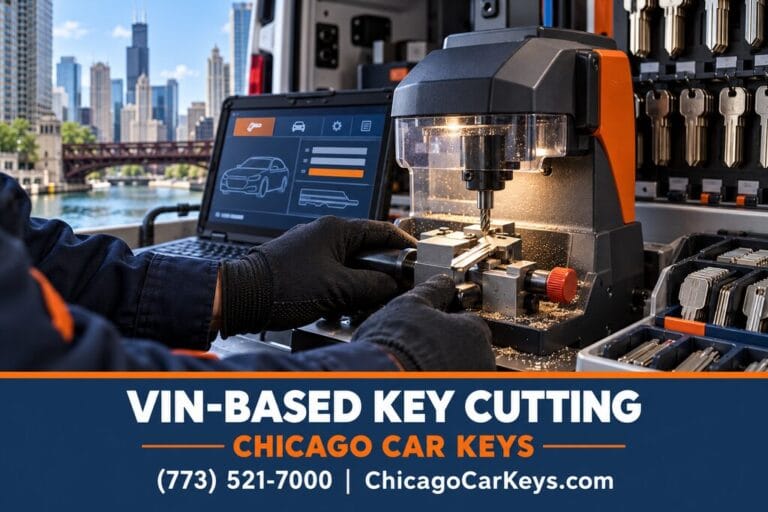 Automotive locksmith cutting a car key on a precision key-cutting machine in a mobile service van.