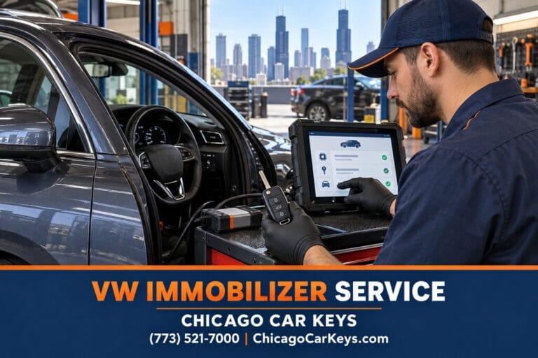 Male automotive locksmith using a diagnostic tablet and flip key beside a Volkswagen-style sedan.
