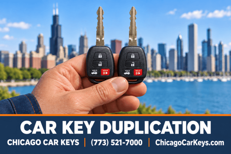 Hand holding two matching Toyota remote-head car keys with the Chicago skyline in the background