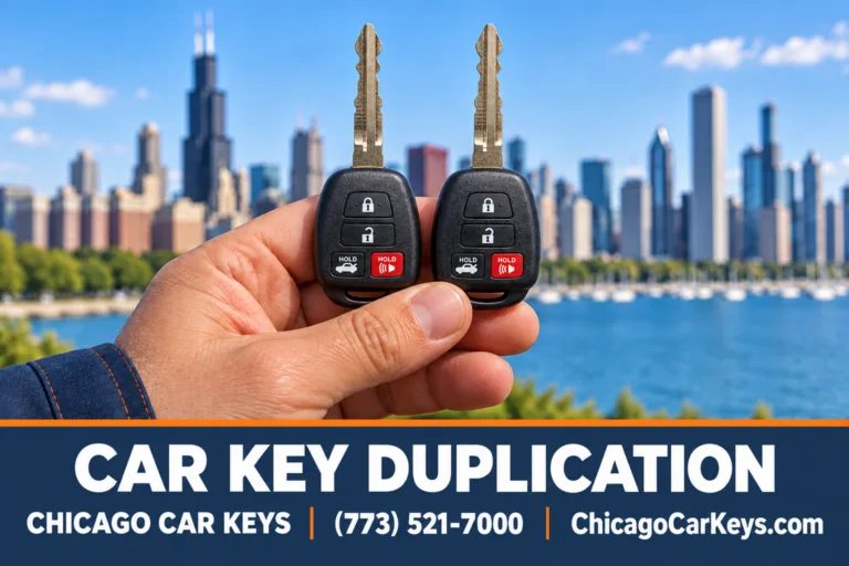 Hand holding two matching Toyota remote-head car keys with the Chicago skyline in the background