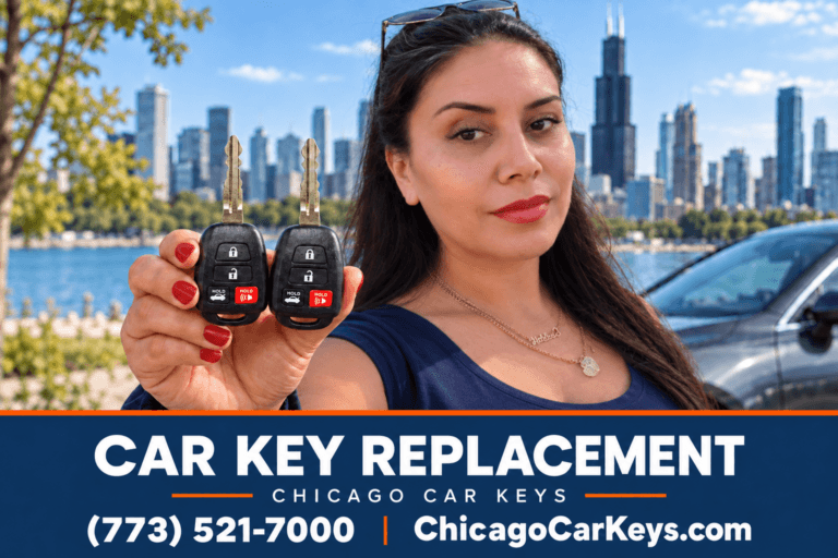 Woman holding two matching Toyota car keys beside a vehicle with the Chicago skyline behind