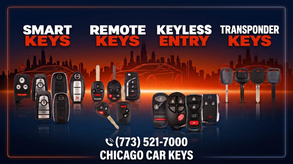 Smart keys, remote keys, keyless entry remotes and transponder keys from Chicago Car Keys.