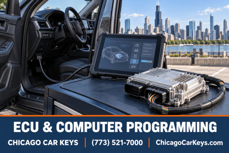 Automotive ECU and diagnostic tablet beside a vehicle, with the Chicago skyline in the background