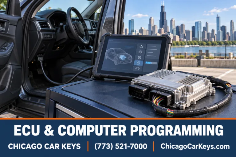 Automotive ECU and diagnostic tablet beside a vehicle, with the Chicago skyline in the background