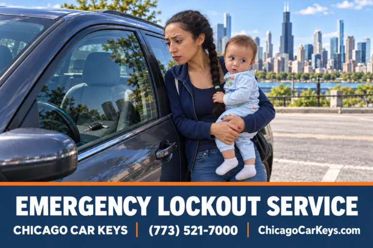 Concerned mother holding her baby beside a locked car in Chicago, with the keys visible on the seat inside