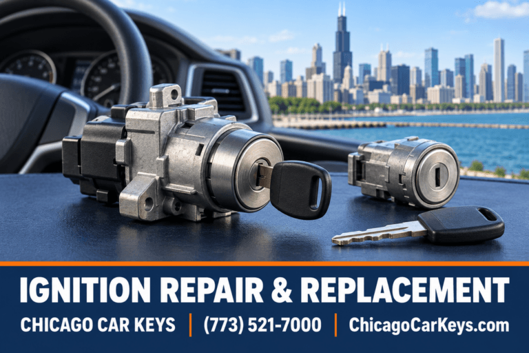 Automotive ignition cylinders and car keys with the Chicago skyline in the background