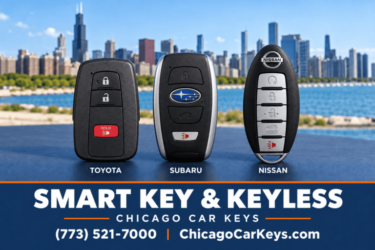 Toyota, Subaru and Nissan smart key fobs displayed against the Chicago skyline
