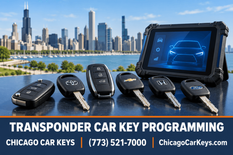 Automotive transponder keys and a diagnostic tablet with the Chicago skyline in the background