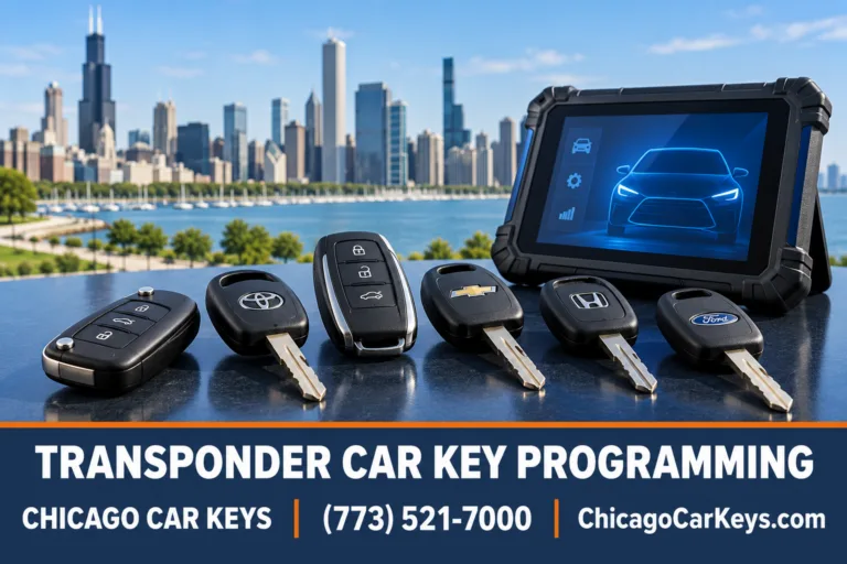 Automotive transponder keys and a diagnostic tablet with the Chicago skyline in the background