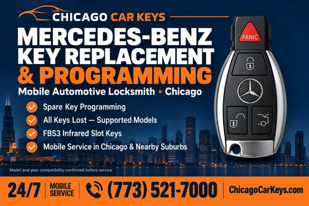 Mercedes-Benz key replacement and programming in Chicago, including spare keys and supported all-keys-lost service. Chicago Car Keys: 773-521-7000.